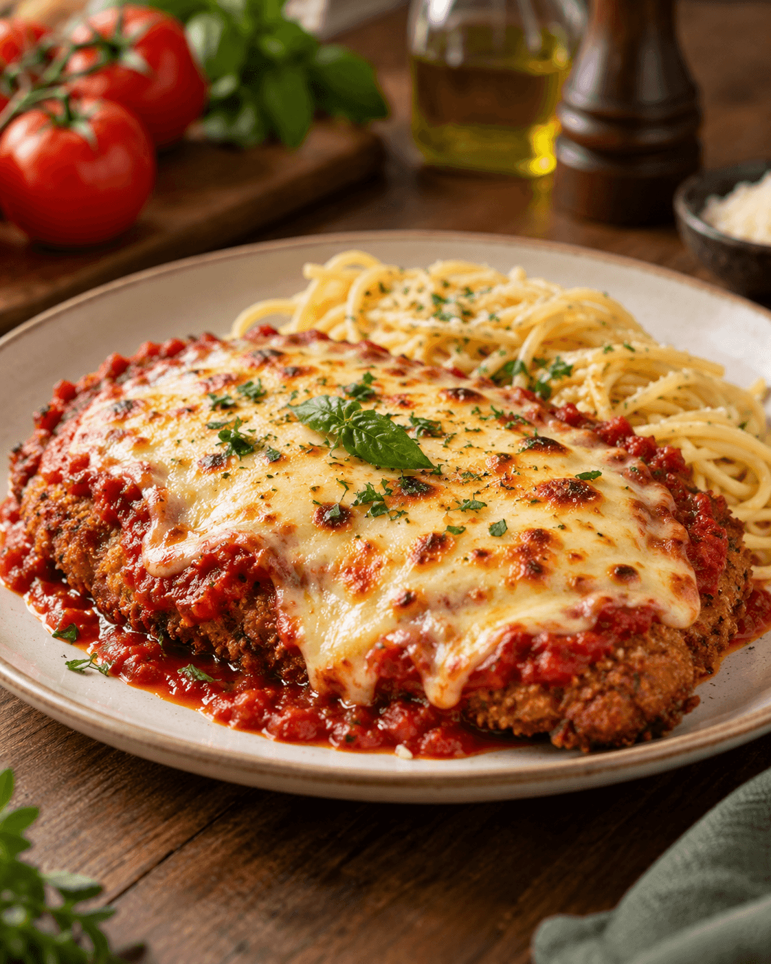 Frango à parmegiana com espaguete, servido na Casa di Napoli